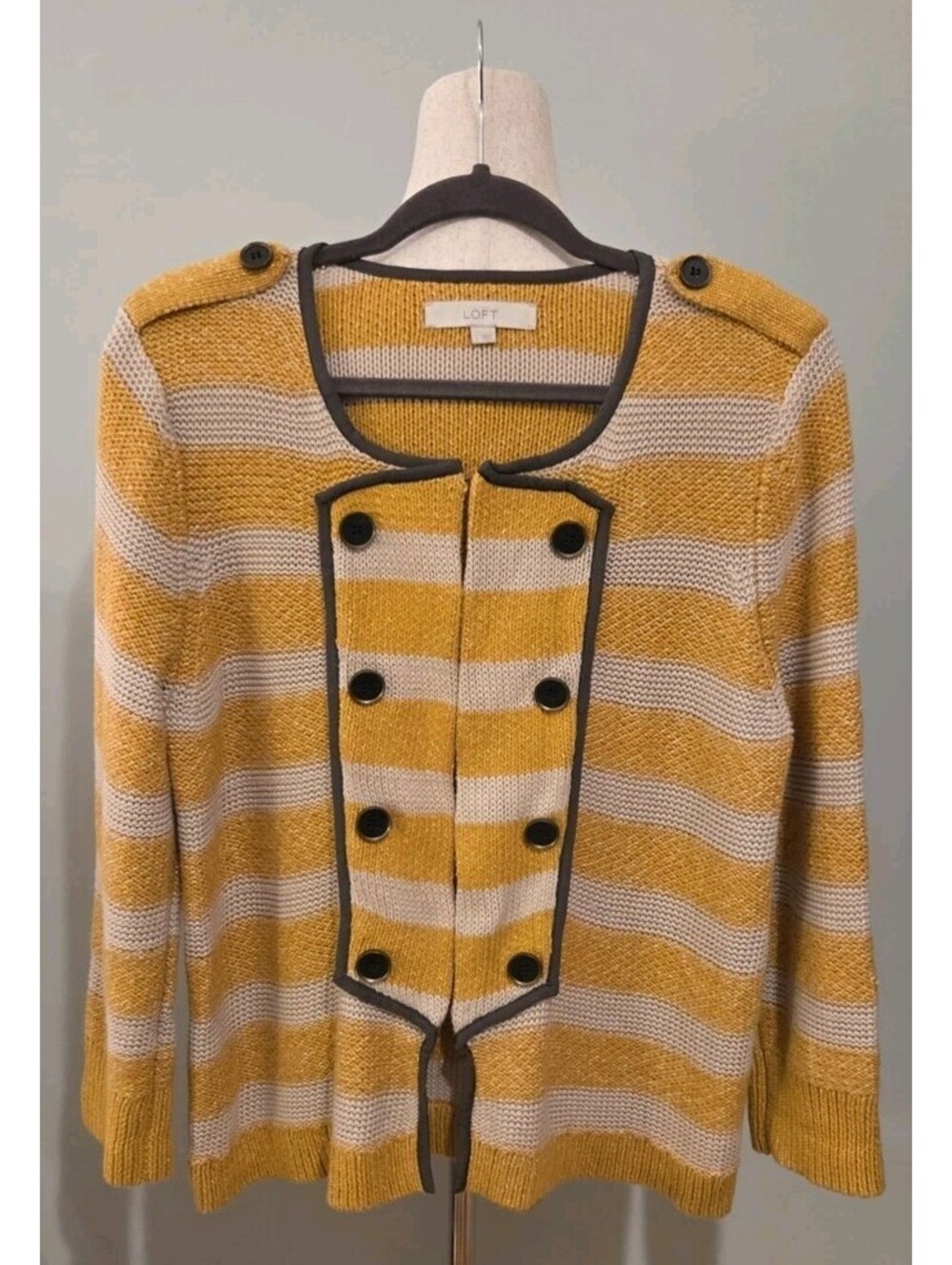 LOFT Large Double Breasted Round Neck Yellow Beige Striped Cardigan Band Sweater - Picture 2 of 5